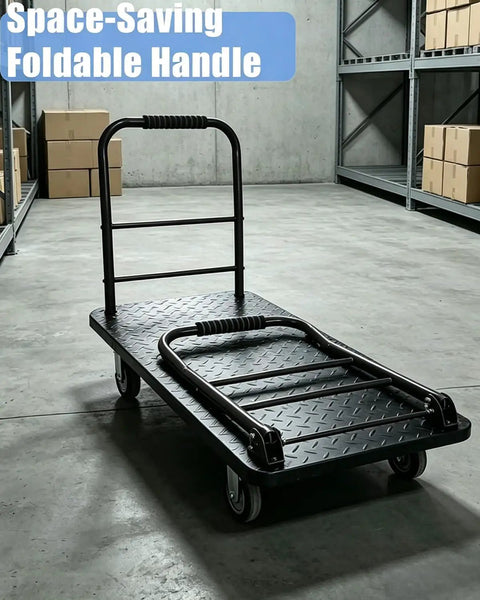 Built Tough Heavy Duty Steel Platform Truck With 2700 Lb Capacity 48 By 24 Inch Industrial Flatbed Cart Alloy Steel Frame Collapsible Handle 360 Degree Swivel Casters Made For Workshop Backyard And Heavy Cargo Logistics folded handle in warehouse