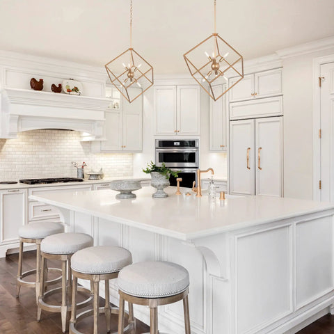 Gold Geometric Chandelier With Six Lights Modern Lantern Pendant Lighting in white kitchen above island with stools