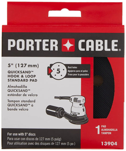 Porter-Cable Hook And Loop Sanding Pad For 333 Sander 5 Inch Replacement, packaging showing 5-hole design, OEM part 13904
