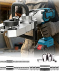 Ddongdongqiang Brushless Electric Rebar Coupler Torque Wrench Cordless Power Tool, gripping handle with steel couplers visible.