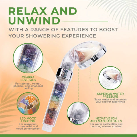 Image showing Crystal Chakra Shower Head With High Pressure Flow For Anxiety Relief, Relaxation, And Self Care, LED Mood Lighting