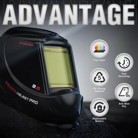 Large View Auto Darkening Welding Helmet With Blue Light Blocking Lens For Eye Protection, True Color Solar Powered Welder Hood Mask, Four Arc Sensors, Wide Shade Range From 3 To 5 Up To 9 To 13 For TIG MIG ARC CUT And GRIND, All Day Comfort.