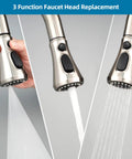 Universal Kitchen Faucet Head Replacement With 15 Adapter Kit showing 3 function spray modes in brushed nickel finish