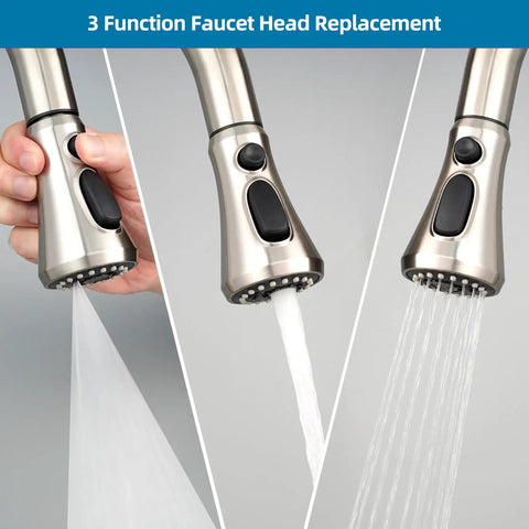 Universal Kitchen Faucet Head Replacement With 15 Adapter Kit showing 3 function spray modes in brushed nickel finish