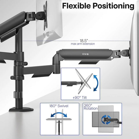 Zero Hassle Dual Monitor Mount For 17 To 32 Inch Screens With Slick Mechanical Spring Arms showcasing tilting and swiveling features.