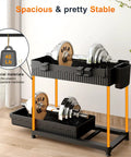 Four Pack Two Tier Under Sink Organizer With Hassle Free Slide Out Drawers For Bathroom Vanities And Kitchen Cabinets Heavy Duty Space Saving Storage Rack To Keep Your Stash Neat In Cramped Nooks featuring dumbbells and robust black containers.