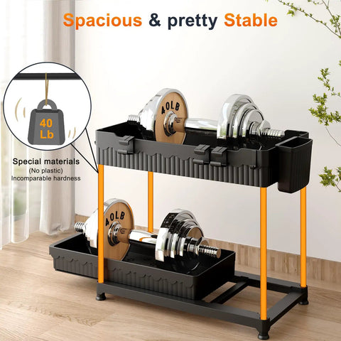 Four Pack Two Tier Under Sink Organizer With Hassle Free Slide Out Drawers For Bathroom Vanities And Kitchen Cabinets Heavy Duty Space Saving Storage Rack To Keep Your Stash Neat In Cramped Nooks featuring dumbbells and robust black containers.