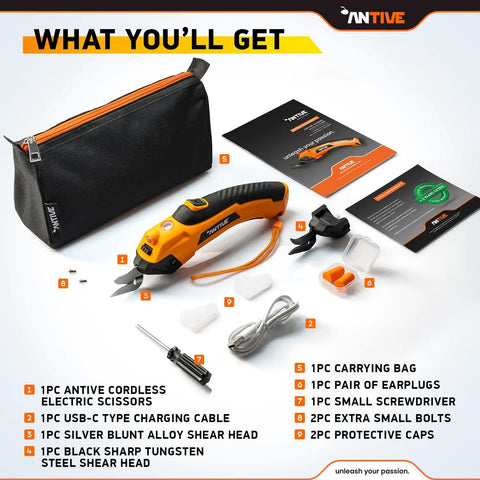 Upgrade To The Latest Antive Electric Scissors For Fabric And Cordless Cardboard Cutter With 2 Heads, Featuring A Safety Lock Button And Tungsten Steel Blades For Smooth, Effortless Cutting. Perfect For Diy Projects. included in the set with accessories.