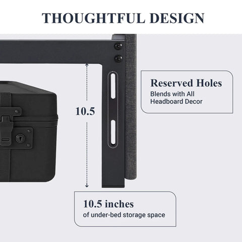 Full Size Platform Storage Bed Frame With Three Smooth Rolling Drawer Pulls Upholstered In Dark Grey Linen Fabric Over Heavy Duty Metal Supports showing reserved holes and 10.5 inches of under-bed storage.