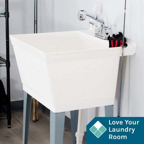 White Utility Sink With Pull Out Chrome Faucet And Sprayer For Laundry Room Basement Garage Or Shop, Heavy Duty Wash Station