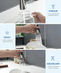 Brushed Nickel Kitchen Faucet Sprayer Head Replacement with 15 Adapters showing stream, spray, and aquablade modes
