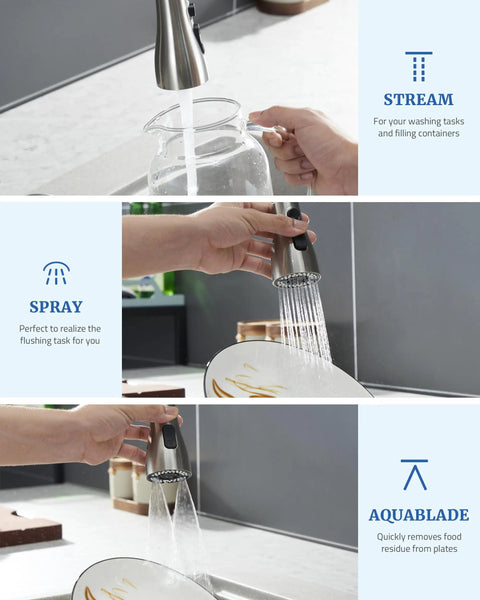 Brushed Nickel Kitchen Faucet Sprayer Head Replacement with 15 Adapters showing stream, spray, and aquablade modes