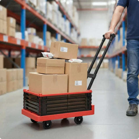 Foldable Grocery Trolley With Basket Hand Push Cart With Long Handle And Detachable Panel, Quiet Swivel Wheels, Lightweight Black Utility Wagon For Shopping And Your Everyday Hauls On The Go. Folded red-and-black cart with boxes in warehouse