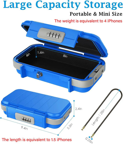 Portable Safe Box With Combination Lock And Code Access Waterproof Anti Theft Travel Safe With Removable Chain Compact Lock Box open and closed view