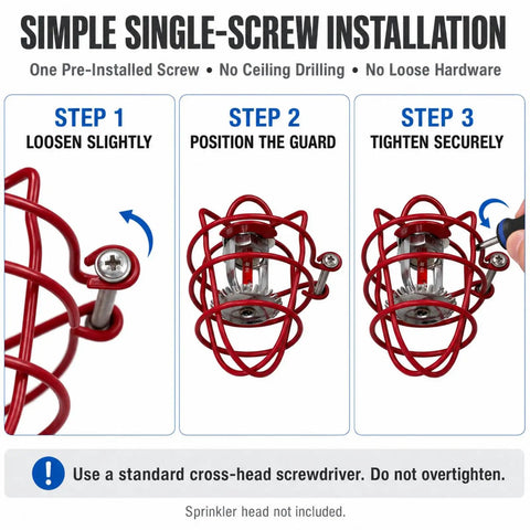 Installation steps for Fire Sprinkler Head Guards For Exposed Half Inch Heads, showing single-screw setup and red steel guard.
