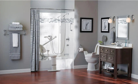 Modern bathroom with a 24 Inch Handicap Grab Bar For Bath And Shower With Curled Grip No Slip Brushed Nickel by bathtub.