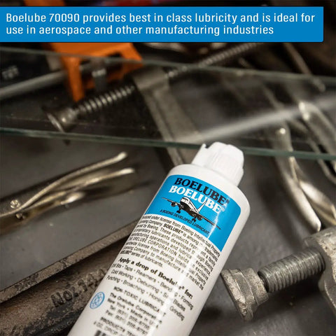 Pro Grade Heavy Duty Multi Use Liquid High Performance Industrial Lubricant For Minimum Quantity Lubrication MQL In Machining And Cutting Tool Applications, Delivers Fine Droplets Or Spray To Reduce Friction At The Edge, Clear 4 Oz Drop Bottle on workshop table