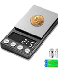 Digital Coin Scale With 0.01g Precision And 200g Capacity, shows coin on stainless steel platform with LCD display reading 21.5