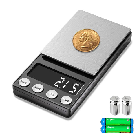 Digital Coin Scale With 0.01g Precision And 200g Capacity, shows coin on stainless steel platform with LCD display reading 21.5