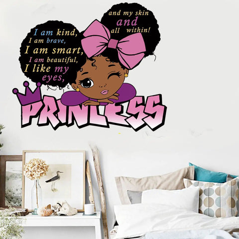 Totally Inspiring Girls Quote Wall Decal For Bedroom And Playroom Decor Pink Room Sticker Removable Easy Peel And Stick Wall Art For Nursery Living Room African American Inspired Wall Decor showing 'Princess' with a pink bow and affirmations