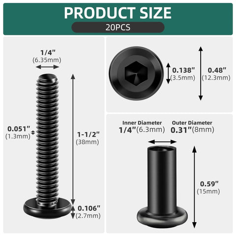 Twenty Piece One Quarter Twenty Thread Socket Head Cap Screws Bolts Barrel Nuts Kit In Eighteen Eight Stainless Steel With Black Oxide Finish For Tough As Nails Furniture Cabinets And DIY Projects, dimensions, and details