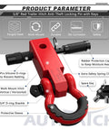 Heavy Duty 2 Inch Shackle Hitch Receiver Kit With Three Quarter Inch D Ring Shackle And Five Eighth Inch Trailer Hitch Lock Pin 45,000 Lbs Break Strength For Off Road Recovery Anti Theft Lock Red with locking pin, keys, and shackle detail