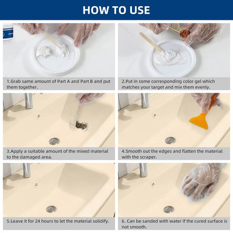 Instructions for using Tub And Fiberglass Shower Repair Kit White 3.7oz to fix cracks in porcelain sinks and acrylic surfaces.