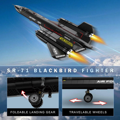 Epic SR-71 Blackbird Building Set For Adults, 1775-Piece Military Recon Aircraft Model Kit shown mid-flight with landing gear detail