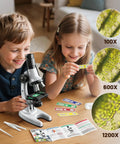 Awesome Kids Microscope Kit With 67 Pieces For Real Science Fun From 100X To 1200X, Includes 12 Prepared Slides, 45 Blank Slides, 5 Cover Slides, Plastic Tweezers, Dropper, 4 Collection Bottles, Culture Dish, Storage Box And More STEM Gear. Kids use black microscope with slides