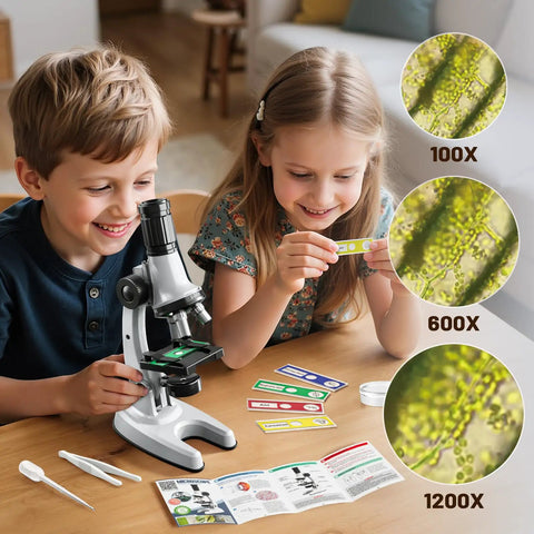 Awesome Kids Microscope Kit With 67 Pieces For Real Science Fun From 100X To 1200X, Includes 12 Prepared Slides, 45 Blank Slides, 5 Cover Slides, Plastic Tweezers, Dropper, 4 Collection Bottles, Culture Dish, Storage Box And More STEM Gear. Kids use black microscope with slides