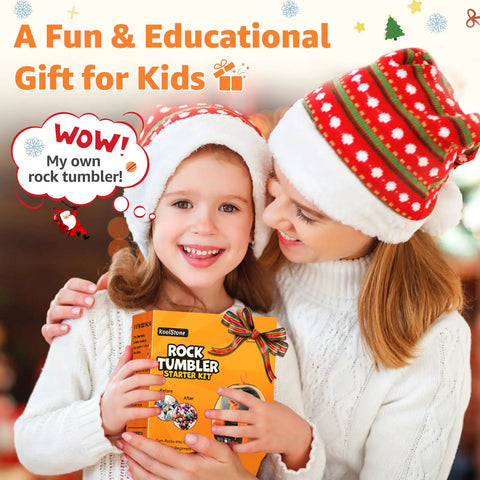 Child and adult in festive hats holding Beginner Rock Tumbler Kit With 4-Stage Silicon Carbide Grit, Leak-Proof Polisher, gift for kids