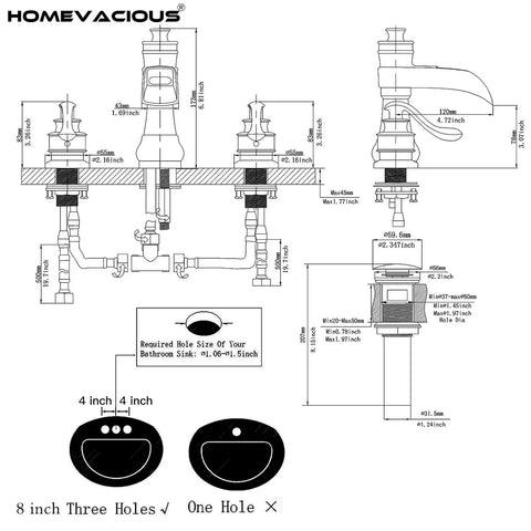 Technical schematic of Matte Black Widespread Bathroom Faucet 8 Inch Centers With 2 Handles Waterfall Flow 3 Hole Farmhouse Vanity Sink.