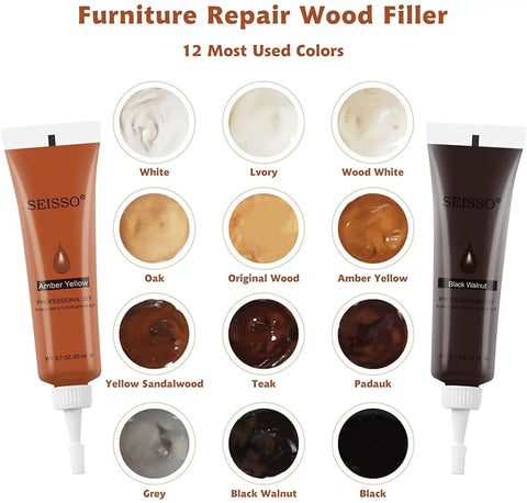 Heavy Duty Wood Repair Kit And Touch Up Paint For Furniture Scratches And Stains Hardwood Floor showing 12 color shades including Amber Yellow and Black Walnut.