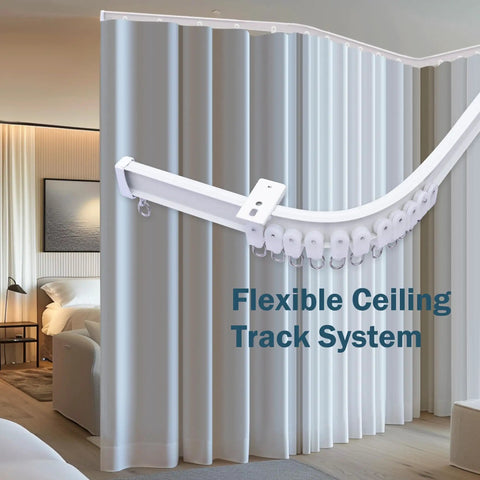 Heavy Duty Aluminum Ceiling Curtain Track System With Flexible Bendable Rails For Ceiling Mount Silent Glide Sliding Room Divider Rail With Hooks 9ft White, curved in room