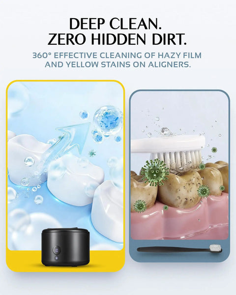 Infographic showing dental cleaning with 45kHz Ultrasonic Retainer Cleaner With UV Sterilization For Dental Appliances At Home FSA/HSA Eligible
