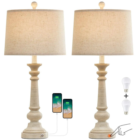 Set Of 2 27.75 Inch 3 Way Dimmable Touch Table Lamps With USB Ports Bulb Included Linen Washed Finish Rustic Farmhouse Nightstand Lighting For Living Room And Bedroom, shown with phones charging and touch function.
