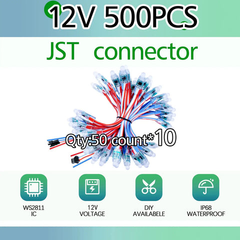 12V 500 Pack WS2811 RGB LED Pixels, Individually Addressable 12mm Diffused Full Color Digital Pixel Light Kit With JST Connector
