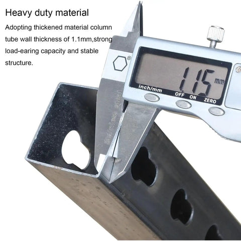 Beefy Wall Mounted Vinyl Storage Rack showing 1.1mm thick cold-rolled steel frame with caliper measurement.