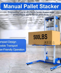 Adjustable Material Lift Winch Stacker with 500 lb capacity lifting a box in warehouse