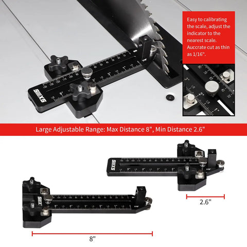 Thin Rip Jig Table Saw Guide For Precise Narrow Cuts with 0 to 1 inch range and dial indicator gauge, shown on table saw.