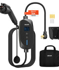 Level 2 Electric Vehicle Charger 32 Amp Adjustable With 25 Foot Cable Nema 14-50P Plug LCD Display and charging accessories.