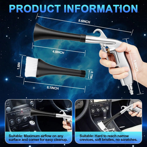 Two Nozzle Air Cleaning Gun for Auto Detailing with dimensions and detachable brushes.