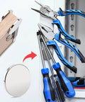 Neodymium disc magnets adhesive-backed, 1.26 in diameter x 1/8 in thick, pack of 12 holding tools to metal cabinet
