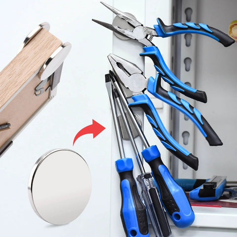 Neodymium disc magnets adhesive-backed, 1.26 in diameter x 1/8 in thick, pack of 12 holding tools to metal cabinet