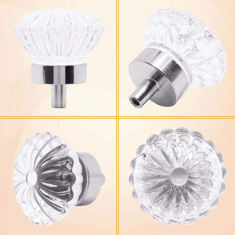Crystal Glass Drawer Knobs Set 4-Pack Flower Bud Style Silver Finish 1.34 Inch Diameter Cabinet Pulls For Dresser Closet Wardrobe Cupboard