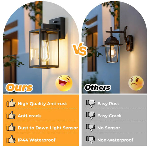 Comparison of Two Pack Dusk To Dawn Outdoor Wall Lanterns With Automatic Sensor for Front Porch and Garage Waterproof Black Exterior Lights.
