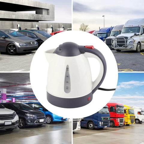 Heavy Duty 1000 Ml Car Kettle Built For Road Warriors Fast Boiling 24V Water Heater With Auto Shut Off Safety System Stainless Build Great For Truckers Getting A Darn Good Cup On Weekend Drives in parking lot with vehicles.