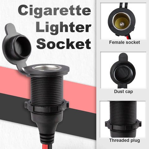 10Ft 12AWG 12 Volt Cigarette Lighter Socket Extension Cord With Built In Fuse And Spare Amps Waterproof Power Outlet Adapter close-up view of female socket and threaded plug.