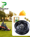 Flat Idler Pulley Replacement For Toro Timecutter SS5000 Deck with packaging and bolt, showcasing 4.11 inch diameter