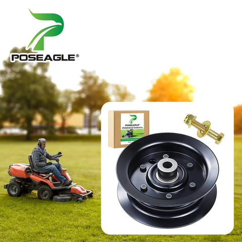 Flat Idler Pulley Replacement For Toro Timecutter SS5000 Deck with packaging and bolt, showcasing 4.11 inch diameter